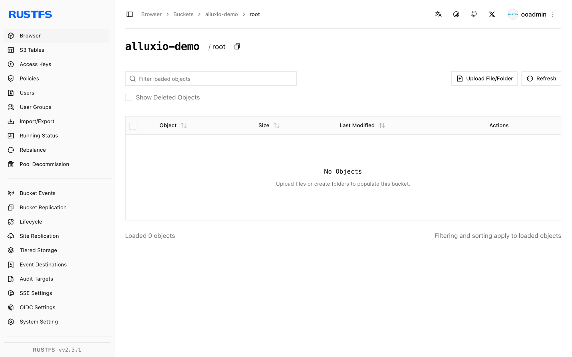 Alluxio-managed files stored in the RustFS Console