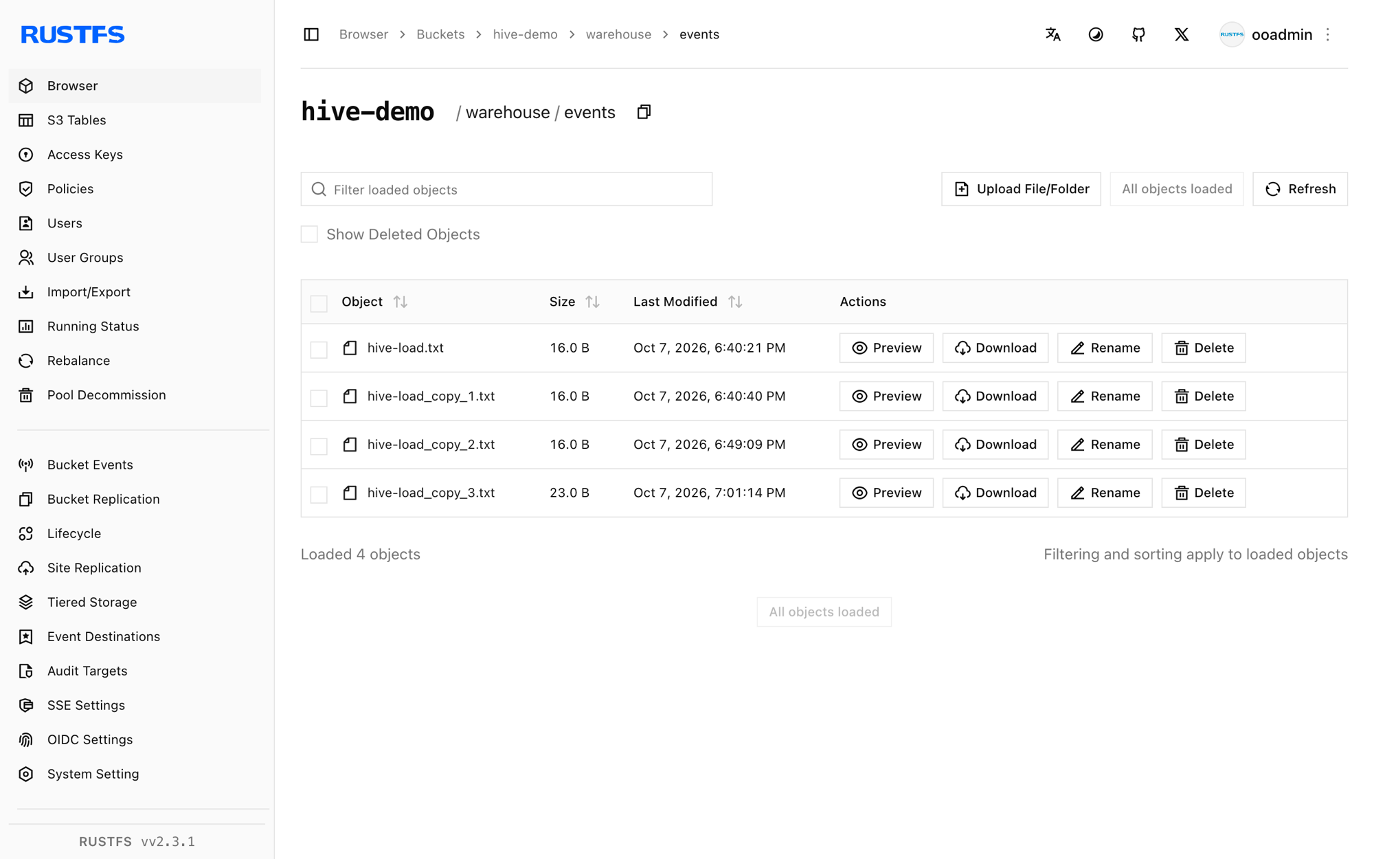 Hive warehouse files stored in the RustFS Console