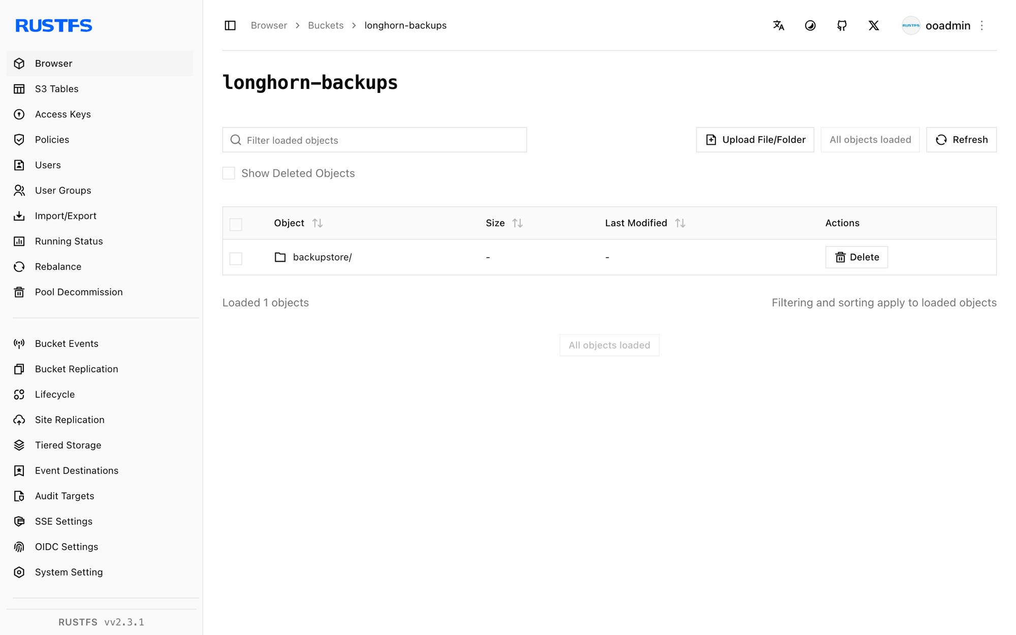 Longhorn backup blocks stored in the RustFS Console
